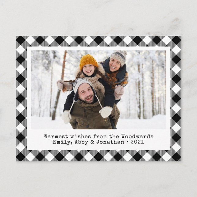 Rustic Buffalo Plaid Custom Photo Black White Holiday Postcard (Front)
