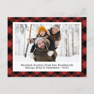 Rustic Buffalo Plaid Custom Photo Red Black Holiday Postcard