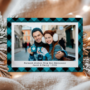 Rustic Buffalo Plaid Custom Photo Turquoise Black Holiday Card