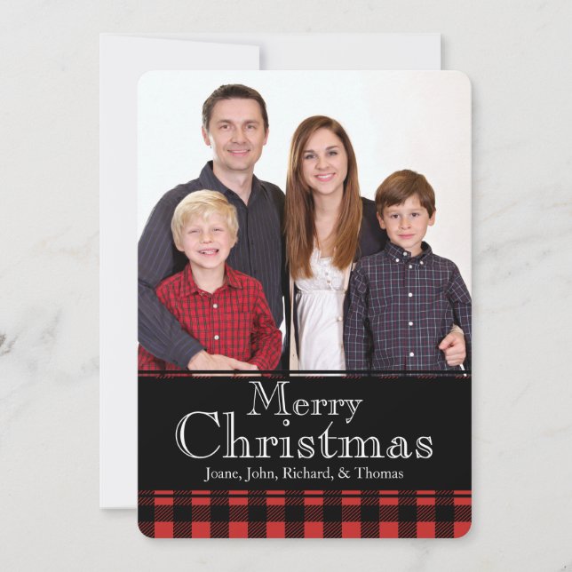 Rustic Buffalo Plaid Deer Antlers Christmas Photo Holiday Card (Front)