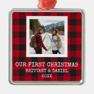 Rustic Buffalo Plaid First Christmas Metal Ornament