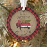 Rustic Buffalo Plaid First Christmas Vintage Truck Ornament<br><div class="desc">A rustic vintage truck is carrying a Christmas tree,  freshly cut from the farm. Country,  hand-lettered style typography on a kraft background,  surrounded with red buffalo plaid. Ornament is customised with bride and groom's name and year.</div>