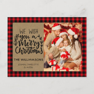 Rustic Buffalo Plaid Kraft Photo Family Christmas Postcard