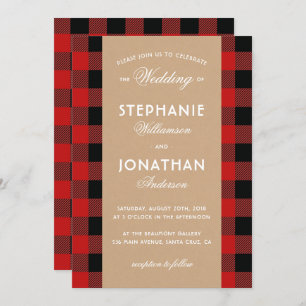Rustic Buffalo Plaid & Kraft Wedding Invitation