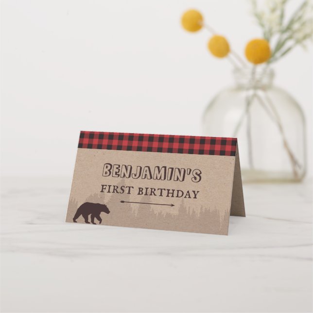 Rustic Buffalo Plaid Lumberjack Birthday Place Card (Front)