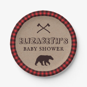 Rustic Buffalo Plaid Lumberjack Theme Baby Shower Paper Plate