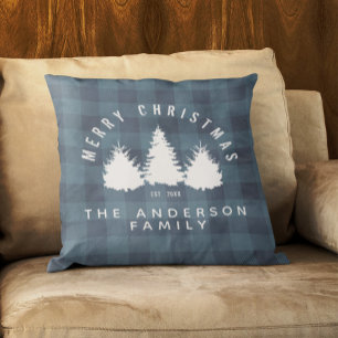 Rustic Buffalo Plaid Merry Christmas Family Name   Cushion