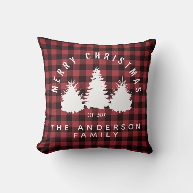Rustic Buffalo Plaid Merry Christmas Family Name   Cushion (Front)