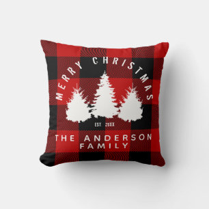 Rustic Buffalo Plaid Merry Christmas Family Name Cushion