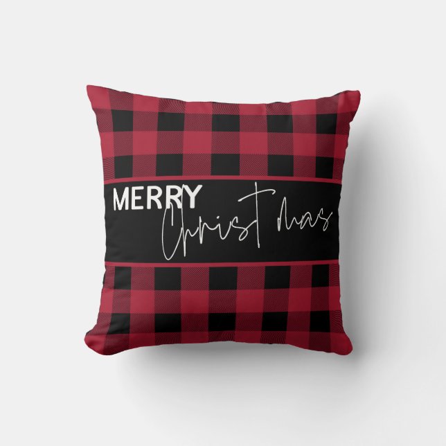 Rustic Buffalo Plaid Merry Christmas Modern Script Cushion (Front)
