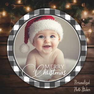 Rustic Buffalo Plaid Merry Christmas Photo Classic Round Sticker