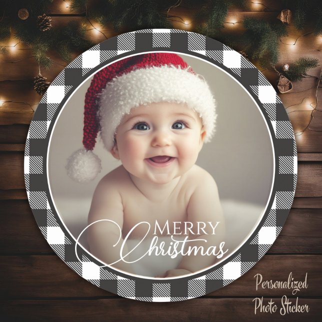 Rustic Buffalo Plaid Merry Christmas Photo Classic Round Sticker (Rustic Buffalo Plaid Merry Christmas Photo Classic Round Sticker)