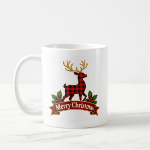 Rustic Buffalo Plaid Merry Christmas Reindeer Coffee Mug