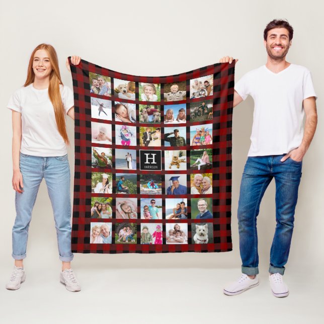 Rustic Buffalo Plaid Monogram Photo Collage Red Fleece Blanket (In Situ)