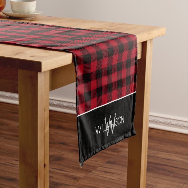 Rustic Buffalo Plaid Monogrammed Christmas Short Table Runner (In Situ)