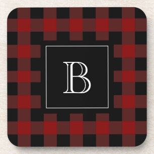 Rustic Buffalo Plaid Monogrammed Initial Red Black Coaster