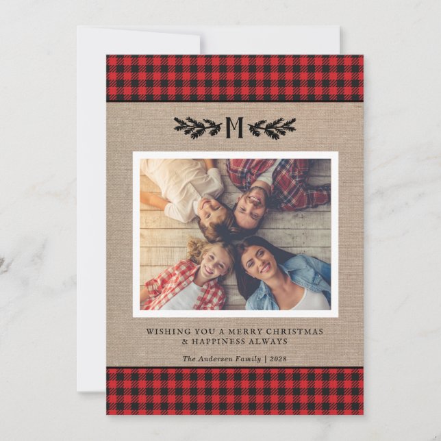 Rustic Buffalo Plaid Monogrammed Photo Christmas  Holiday Card (Front)
