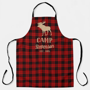 Rustic Buffalo Plaid Moose Family Camp Apron