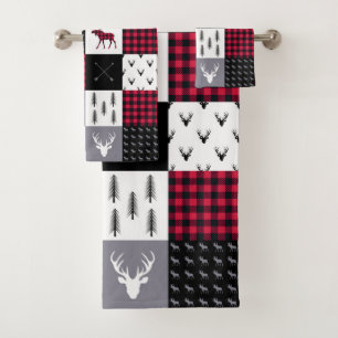 Rustic Buffalo Plaid Patchwork Red White Christmas Bath Towel Set
