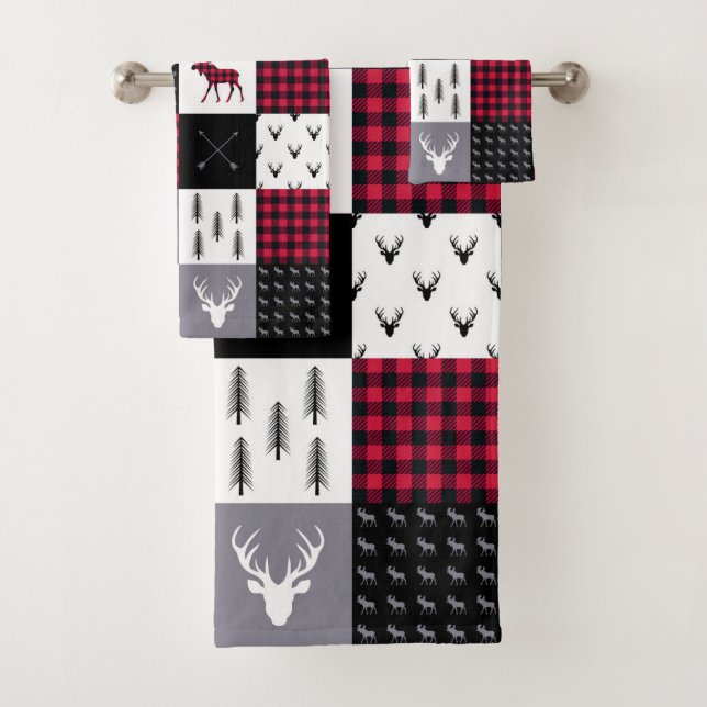 Rustic Buffalo Plaid Patchwork Red White Christmas Bath Towel Set (Insitu)