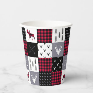 Rustic Buffalo Plaid Patchwork Red White Christmas Paper Cups