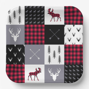 Rustic Buffalo Plaid Patchwork Red White Christmas Paper Plate