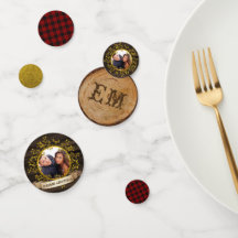 Rustic Buffalo Plaid PHOTO Gold Red Monogram
