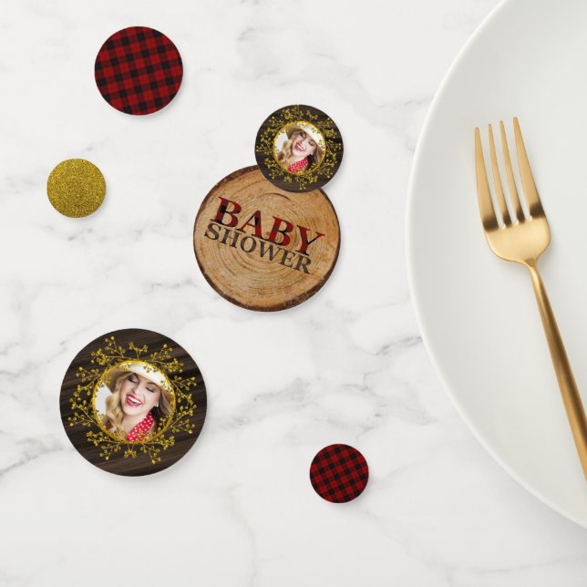 Rustic Buffalo Plaid PHOTO Gold Red Monogram Confetti (Group)