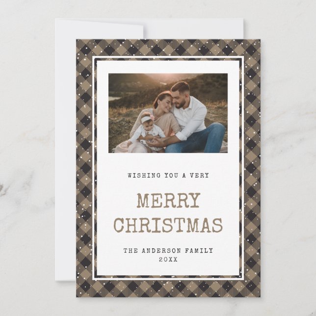 Rustic Buffalo Plaid Photo Merry Christmas Card (Front)