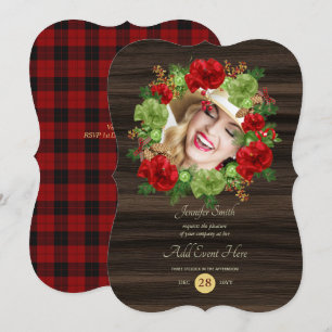 Rustic Buffalo Plaid PHOTO Wreath Modern ANY EVENT Invitation