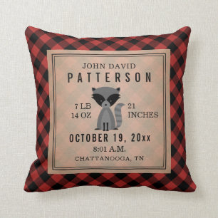 Rustic Buffalo Plaid Racoon Baby Boy Birth Stats Cushion