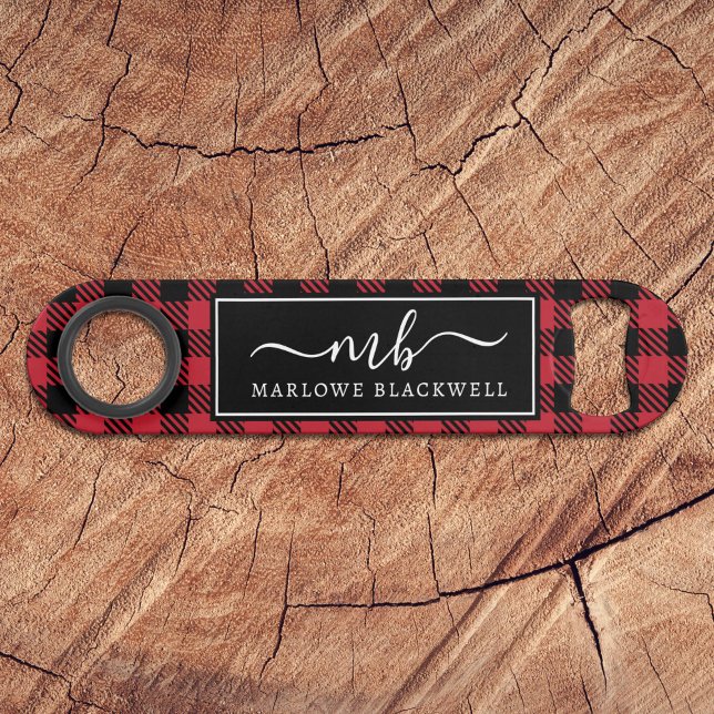 Rustic Buffalo Plaid Red Black Monogram Name (Creator Uploaded)