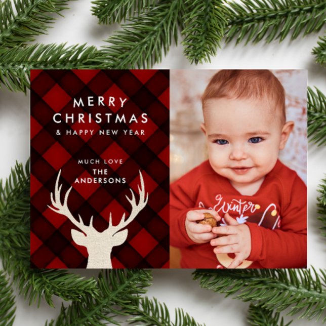 Rustic Buffalo Plaid & Reindeer Christmas Photo Holiday Card (Creator Uploaded)