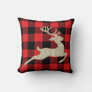 Rustic Buffalo Plaid Reindeer Cushion