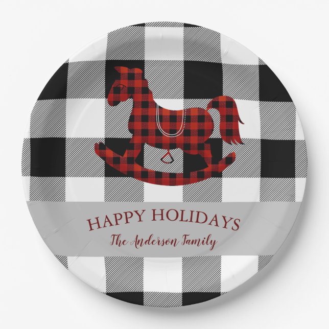 rustic buffalo plaid rocking horse happy holidays paper plate (Front)