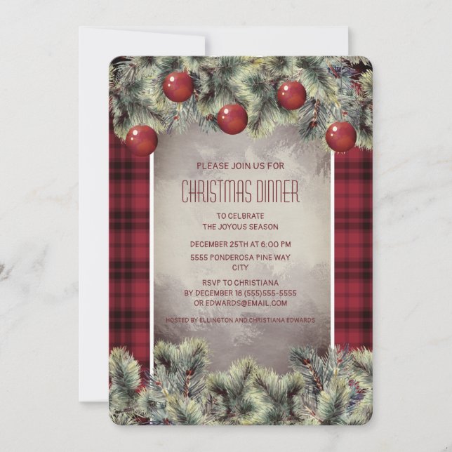 Rustic Buffalo Plaid Silver Grey Christmas Dinner Invitation (Front)