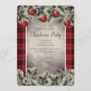 Rustic Buffalo Plaid Silver Grey Christmas Party Invitation