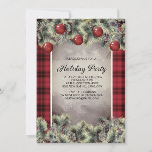 Rustic Buffalo Plaid Silver Grey Holiday Party  Invitation