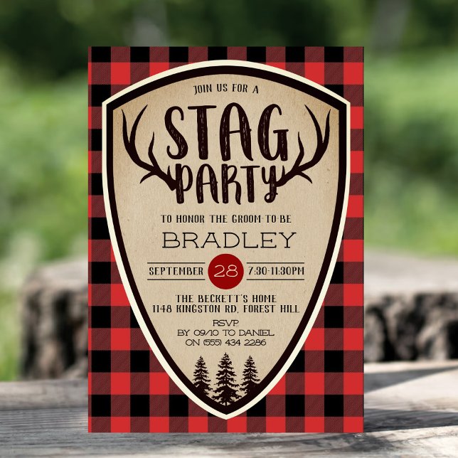 Rustic Buffalo Plaid Stag Party Invitation (Creator Uploaded)
