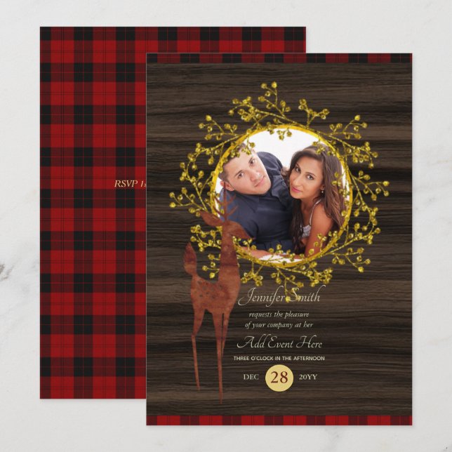 Rustic Buffalo Plaid Stag PHOTO ANY EVENT Invitation (Front/Back)
