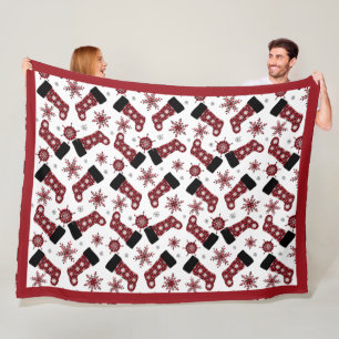 Rustic Buffalo Plaid Stocking Snowflakes Christmas Fleece Blanket