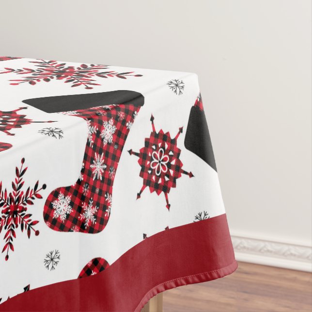 Rustic Buffalo Plaid Stocking Snowflakes Christmas Tablecloth (In Situ)