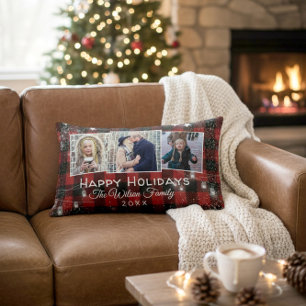 Rustic Buffalo Plaid String Lights Holiday Photo Lumbar Cushion