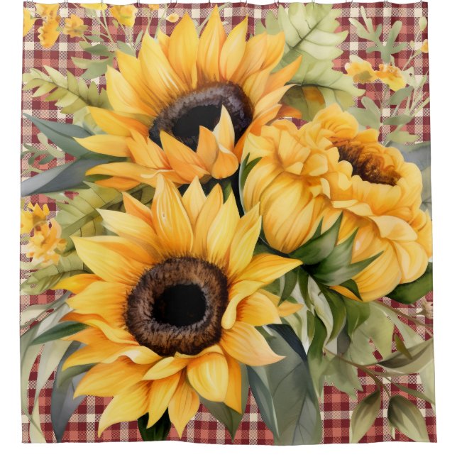 Rustic Buffalo Plaid Sunflowers Shower Curtain (Front)
