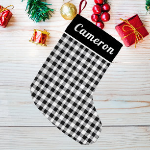 Rustic Buffalo Plaid Tartan Black white Name Small Christmas Stocking