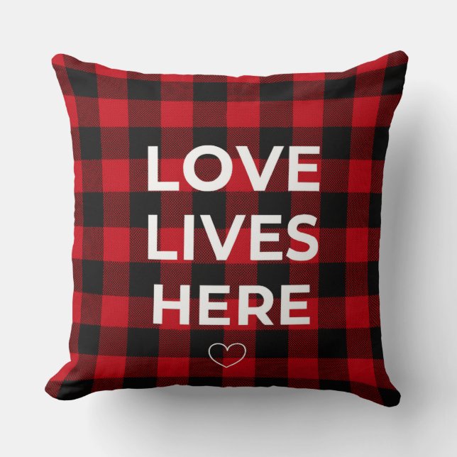 Rustic Buffalo Plaid Throw Pillow – Love Lives Her (Front)