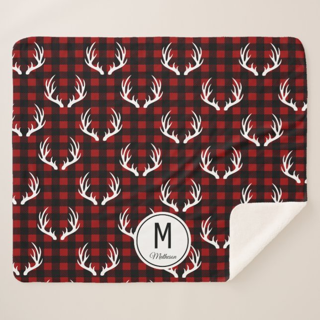 Rustic Buffalo Plaid & White Deer Antlers Monogram Sherpa Blanket (Front (Horizontal))