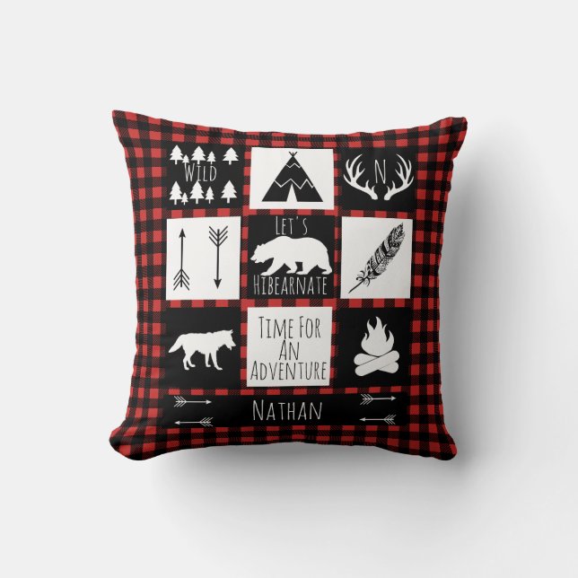 Rustic Buffalo Plaid Wilderness Animals & Name Cushion (Front)
