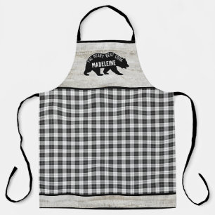 Rustic Buffalo Plaid Wood Cabin Black Bear Custom Apron