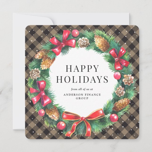 Rustic Buffalo Plaid Wreath Corporate Business Holiday Card (Front)